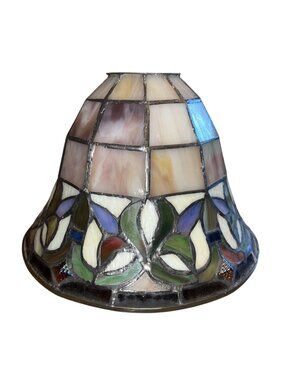 Vtg Tiffany Style Stained Glass Bell Lamp Shade 9"x6" Geometric & Floral Motifs